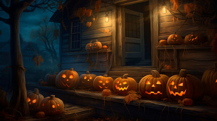 Halloween background. Halloween wallpaper with pumpkins, spooky houses and ghosts. Generative AI