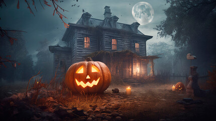 Halloween background. Halloween wallpaper with pumpkins, spooky houses and ghosts. Generative AI