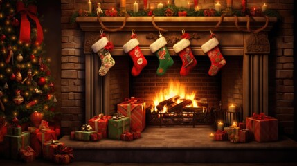 Fireplace with Christmas stockings and decorations