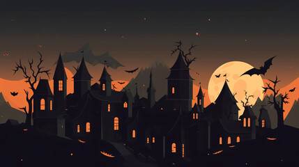 Halloween background. Halloween wallpaper with pumpkins, spooky houses and ghosts. Generative AI