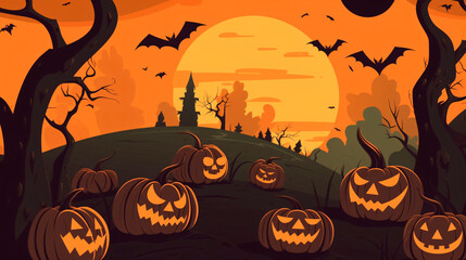 Halloween background. Halloween wallpaper with pumpkins, spooky houses and ghosts. Generative AI