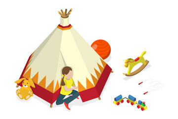 3D Isometric Flat  Conceptual Illustration of Kids Teepee Tent, Children Outdoors Activities © TarikVision