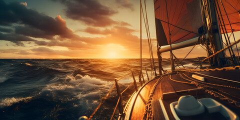 close up of sailing boat on the ocean at sunset, cinematic photography - obrazy, fototapety, plakaty