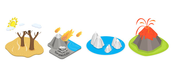 3D Isometric Flat  Conceptual Illustration of Global Warming, Drought, Volcano Eruption, Polar Ice Melting, Natural Disasters