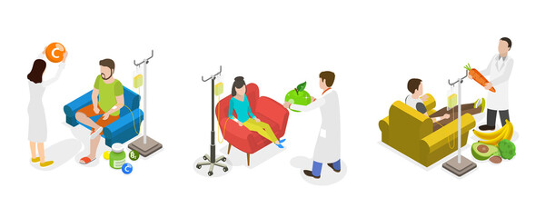 3D Isometric Flat  Conceptual Illustration of Intravenous Therapy, IV Drip Vitamin Infusion