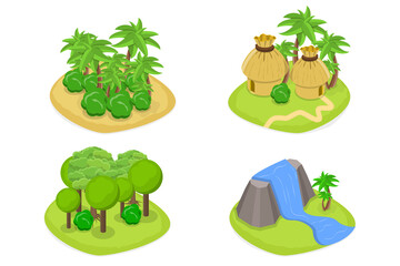 3D Isometric Flat  Set of Islands, Different Natural Landscapes