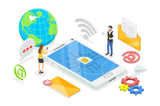3D Isometric Flat  Conceptual Illustration of eSIM, Mobile Communication Technology