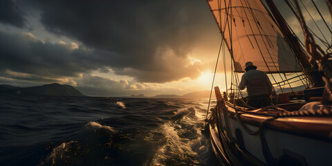 close up of sailing boat on the ocean at sunset, cinematic photography - obrazy, fototapety, plakaty