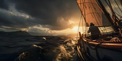 Deurstickers close up of sailing boat on the ocean at sunset, cinematic photography © sam