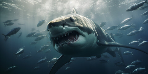 great white shark with fish in the sea