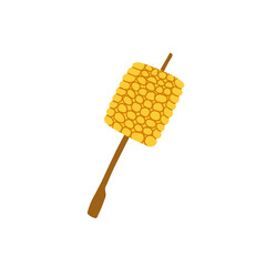 Grilled Corn On Stick. Fried fast food BBQ. Yellow vegetable corncob barbeque. Mexican maize on skewer. Hot organic snack steak. Kebab vegetarian dinner isolated on white