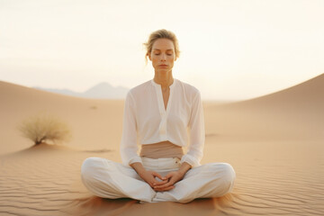 Naklejka na ściany i meble editorial film photo of a young white woman sitting in mindful meditating in nature by desert/sand for peace/clarity/mental wellbeing/balance magazine style