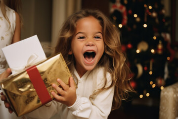 portrait of a young girl/child laughing of joy over christmas gift under tree in  festive setting wrapping gifts/presents for celebration in cinematic editorial magazine film look brown hair caucasian - obrazy, fototapety, plakaty