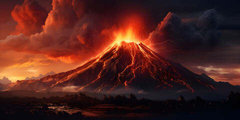 Fototapeta premium volcano eruption at night with smoke cloud and glowing orange lava