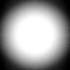 Halftone effect gradient black dots radial grid. Square frame border with round circle transition inside.	