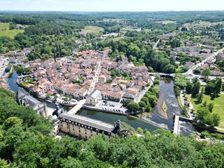 Overhead birds eye drone aerial view  Brantome France in Dordogne medieval