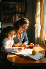a loving mother homeschooling teaching her child single parent motherhood education in editorial magazine film look