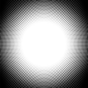 Halftone effect gradient black dots radial grid. Square frame border with round circle transition inside.	