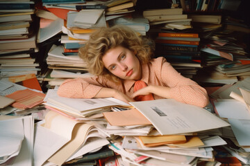  a young white woman looking tired/exhausted/overworked in office work place surrounded by piles of...