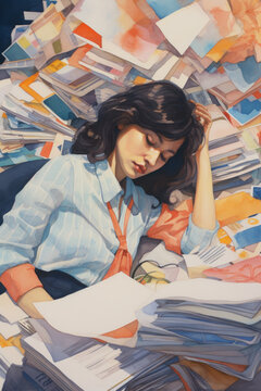 illustration of a young white woman looking tired/exhausted/overworked in office work place surrounded by piles of documents burned out depressed hand drawn digital art color block