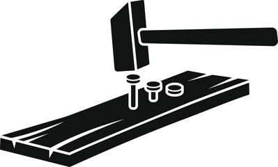 Cartoon Black and White Illustration Vector Of A Hammer Hammering Nails into a Plank of Lumber Wood