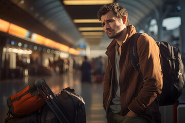 Upset, sad and disappointed male traveler due to misses his flight, delay or cancelled at the...
