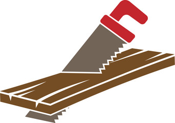Cartoon Illustration Vector Of A Wood Hand Saw Cutting Through a Timber Plank