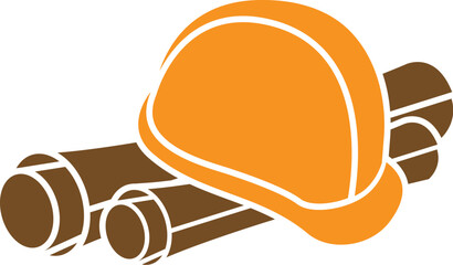 Cartoon Black and White Illustration Vector Of A Hardhat On Top Of Blueprints