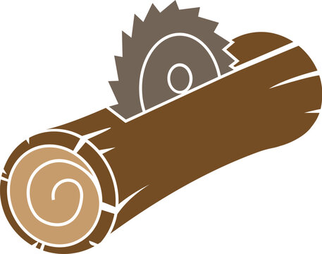 Cartoon Illustration Vector Of A Wood Table Saw Cutting a Tree Trunk