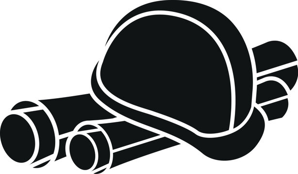 Cartoon Black and White Illustration Vector Of A Hardhat On Top Of Blueprints