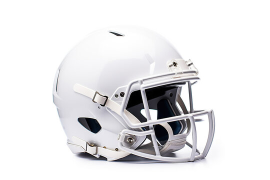 A generic white football helmet designed for American football, representing safety and protection during the game, isolated on a white background