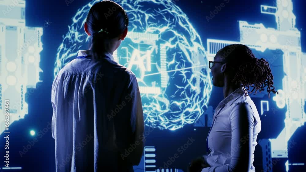 Poster licensed employees looking at hologram of artificial intelligence human brain simulation. trained sp