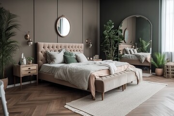 elegant bedroom with bed and chest of drawers - obrazy, fototapety, plakaty