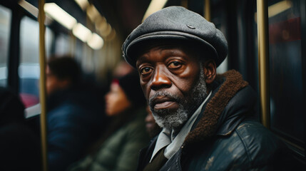 Fototapeta na wymiar Senior Man with a Beard and Hat on a City Bus