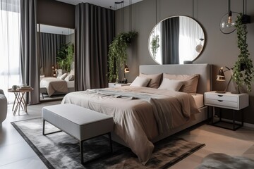 elegant bedroom with bed and chest of drawers