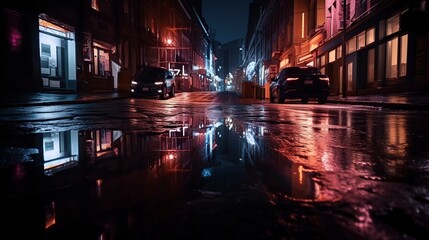 reflection of the dark street on the wet pavement