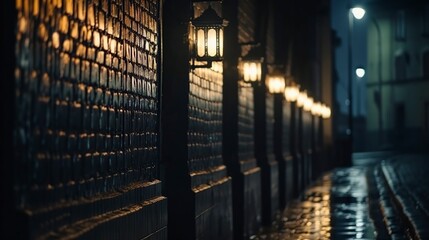 street old brick wall decorated with night lanterns