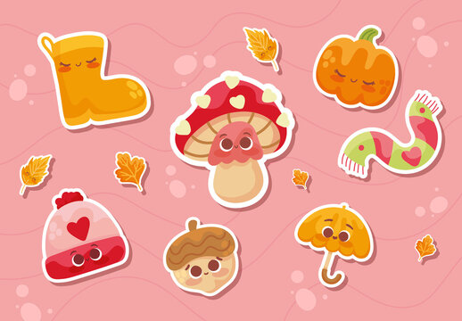 Pink and Orange Cozy Autumn Kawaii Stickers Set