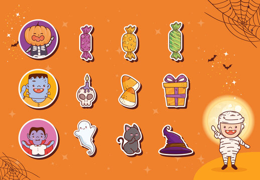 Purple and Orange Cute Halloween Candy Stickers Set