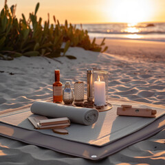 A yoga mat some candles and some incense on a beach 
