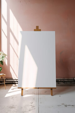 big empty canvas frame in minimalist scandinavian art studio/gallery mock up on wall/easle in curated vintage film look for editorial magazine wall art poster