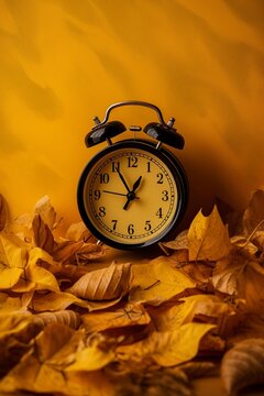alarm clock on autumn leaves