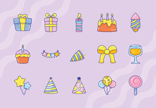 Pastel Colorful Party Celebration Icons Set