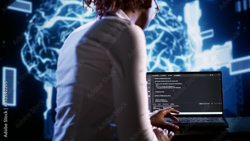 Poster proactive it consultant writing artificial intelligence script code in startup workspace on tablet t