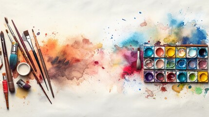 An artistic composition of stationery tools like watercolor brushes, paint tubes, and a sketchbook with space for text, background image, generative AI