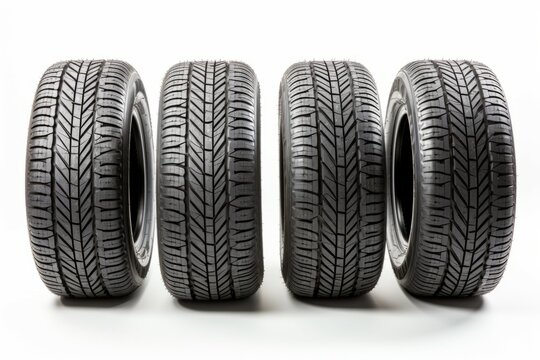 New car tires on a white background. Background with selective focus and copy space