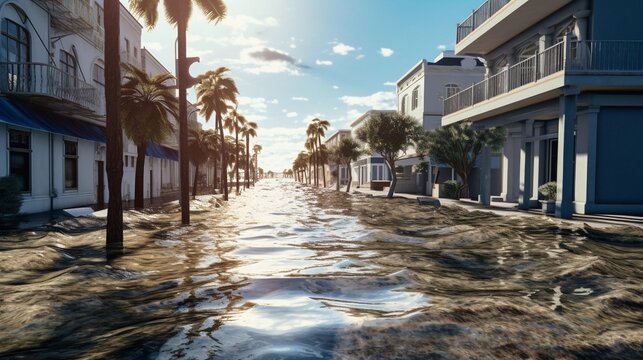 An image of a coastal city street flooded due to rising sea levels, background image, generative AI