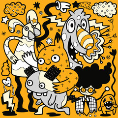 Doodle, illustration of cartoon monsters and cartoons on an yellow background, in the style of black and white abstraction