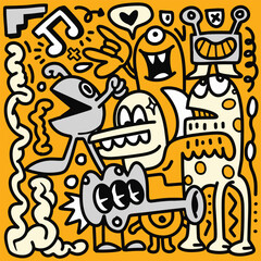 Doodle, illustration of cartoon monsters and cartoons on an yellow background, in the style of black and white abstraction, joyous figurative art