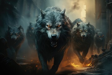 Medieval Majesty: A Fabled Gray Wolf Pack Runs Together - obrazy, fototapety, plakaty